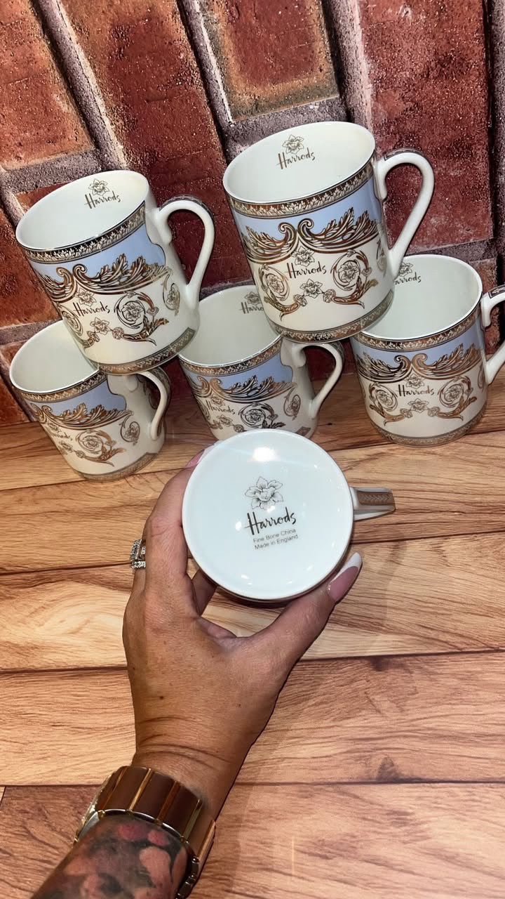HARRODS FINE BONE CHINA MUGS SET OF SIX | MADE IN ENGLAND