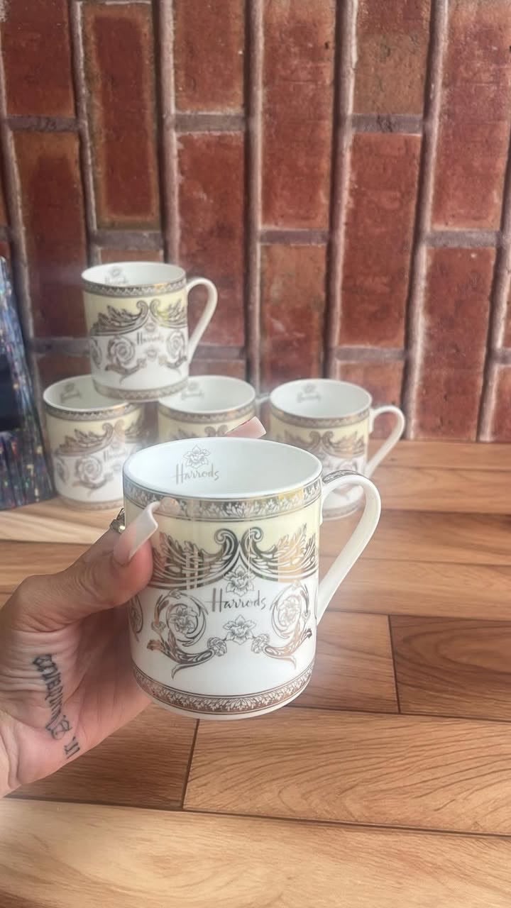 Harrods Cream Fine China Mug Set – Set of 6 with 24K Gold Detailing