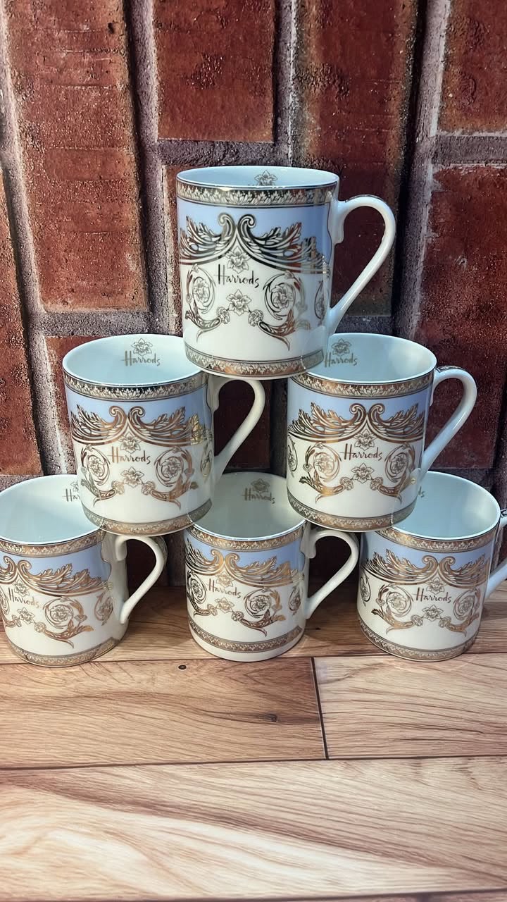 HARRODS FINE BONE CHINA MUGS SET OF SIX | MADE IN ENGLAND